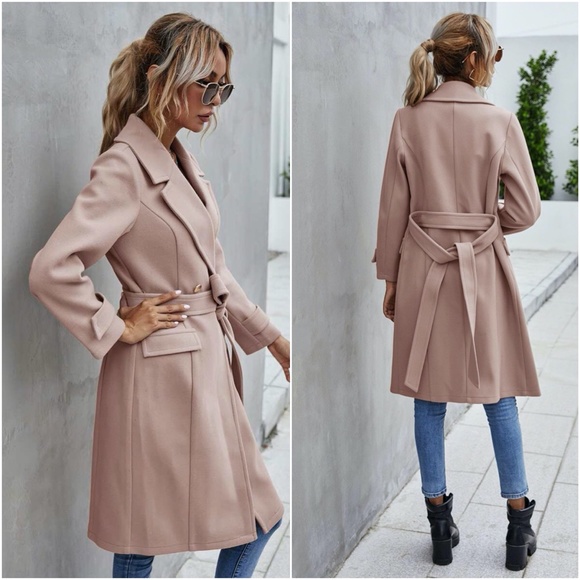 Trench Coat Double Breast Buttons belt pea coat - Picture 9 of 16